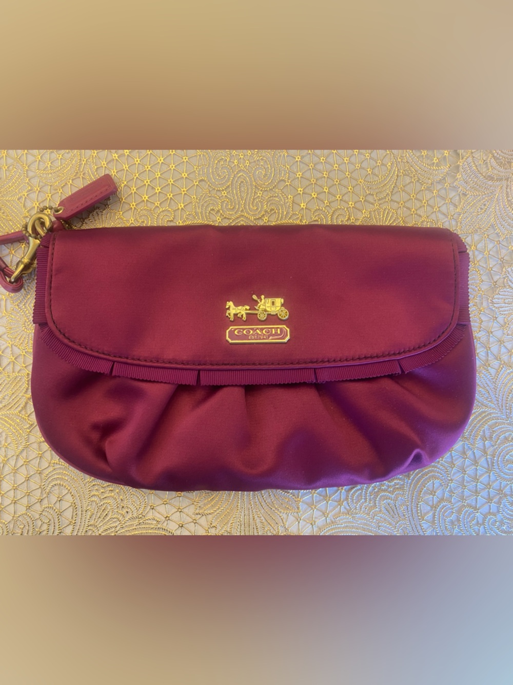 Coach Satin Magenta Wristlet Clutch | Gold Logo | Zip Pouch - Picture 10 of 13